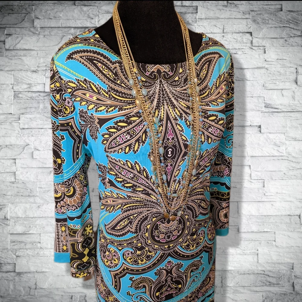 Teal Turquoise Stretch Mini Dress 3/4 Sleeves Boat Neck Flattering Fit D10 - Picture 5 of 11